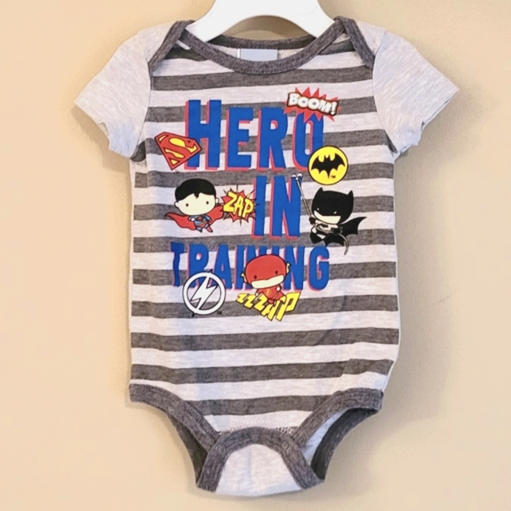 "Hero in Training" baby superhero striped onesie/bodysuit